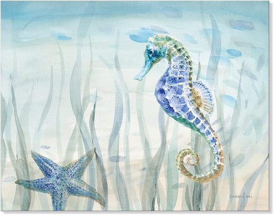 Ocean Wall Art Sea Life Wall Decor Costal Watercolor Seahorse Painting Blue Ocean Animal Pictures Starfish Canvas Artwork for Bathroom Bedroom Home Decoration 16x12Inch