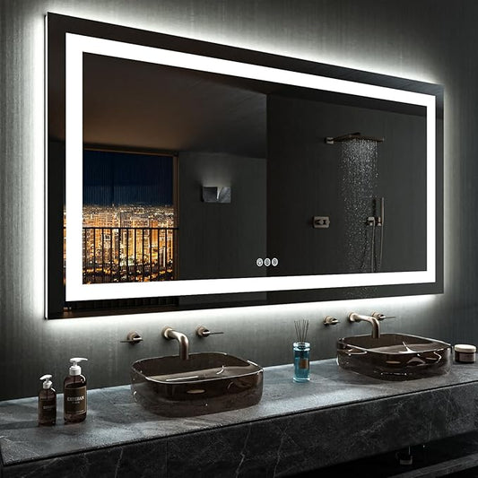 LOAAO 60”X36“ RGB LED Bathroom Mirror with Lights, Large, Anti-Fog, Dimmable Smart Lighted Bathroom Vanity Mirror, Multiple Light Modes, RGB Backlit + Front Light, Memory Function, Tempered Glass
