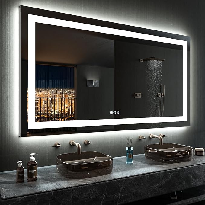 LOAAO 60”X30“ RGB LED Bathroom Mirror with Lights for Bathroom, Anti-Fog, Dimmable，Multiple Light Modes, RGB Backlit + Front Light, Memory Function, Tempered Glass