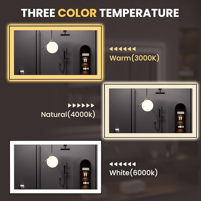 LOAAO 48"X28" LED Bathroom Mirror Black Framed, Anti-Fog, Dimmable, Lighted Bathroom Vanity Mirror for Wall, Memory Function, Tempered Glass