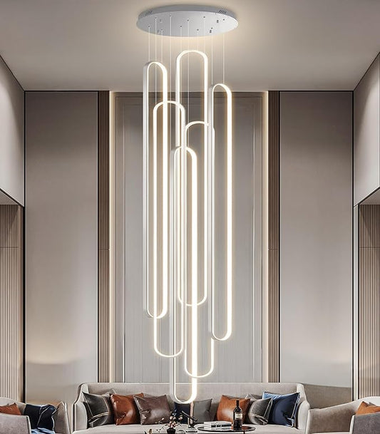 6 Rings Modern Large Chandelier for Staircase High Ceiling Chandelier LED Dimmable Black Chandeliers for Foyer Living Room Villa Sliver