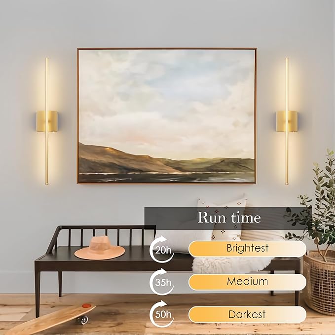Battery Operated Wall Sconces with Remote Control, Dimmable Wall Sconces Set of Two, 350°Rotate, 3000K LED Gold Wireless Wall Light for Living Room, Hallway, Bedroom, 28.3 Inch (2 Pack)