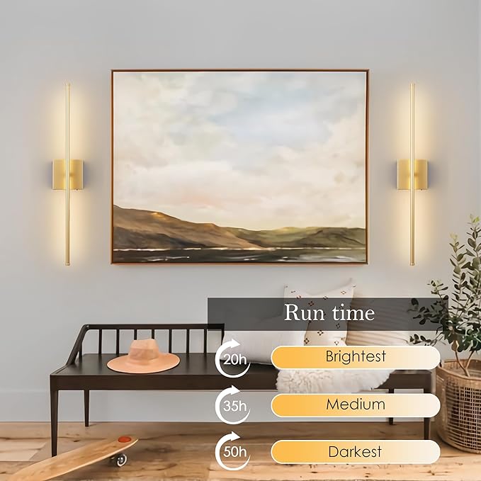 Battery Operated Wall Sconces with Remote Control, Dimmable Wall Sconces Set of Two, 350°Rotate, 3000K LED Gold Wireless Wall Light for Living Room, Hallway, Bedroom, 24.4 Inch (2 Pack)