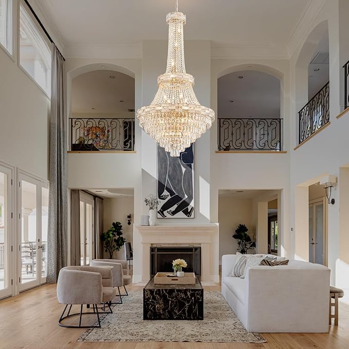 25-Light Gold Crystal Chandelier, 3-Layer High Ceiling Hanging Chandeliers Modern Large Chandeliers Light Fixture for High Ceilings,Entryway,Foyer,Staircase,Hallway,Living Room(H60 x D31)