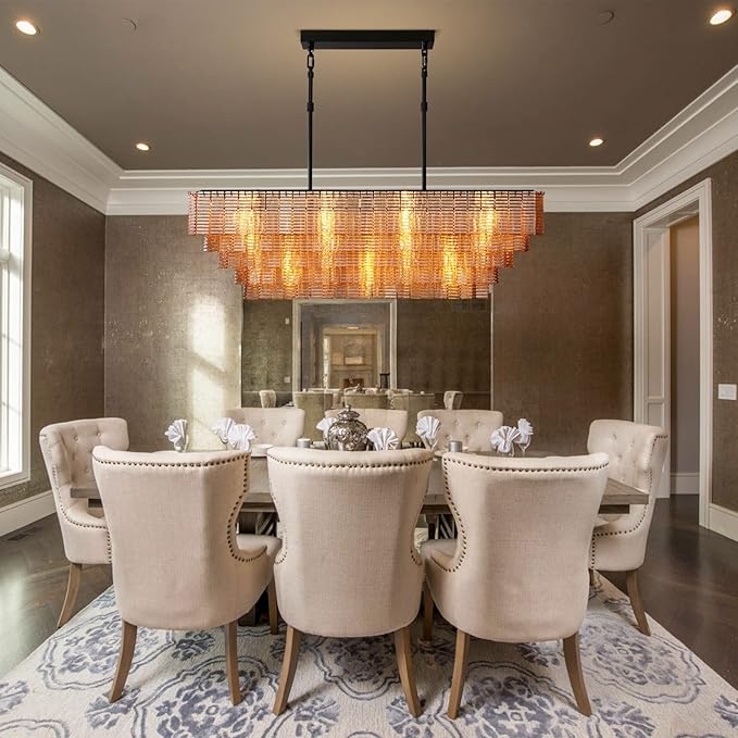 Large Chandelier for Dining Room, 59" 11-Light Amber Rectangular Chandelier for High Ceilings, Modern Balck Kitchen Island Hanging Light Fixture for Living Room, Dining Room, Kitchen Island, Foyer