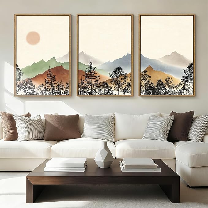 BINCUE Large Boho Mountain Wall Art Framed Wall Decor Watercolor Landscape Art Print Set of 3 for Living Room Bedroom Office 36x24 Inches