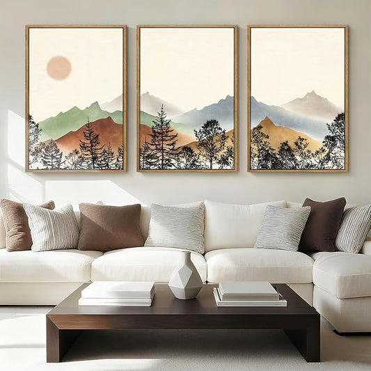 BINCUE Large Boho Mountain Wall Art Framed Wall Decor Watercolor Landscape Art Print Set of 3 for Living Room Bedroom Office 36x24 Inches
