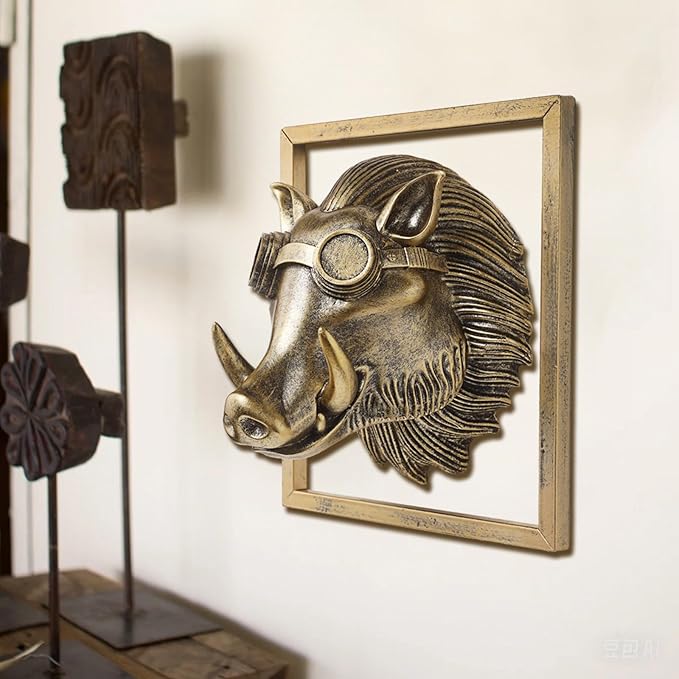 JJALIGHTS Exquisite Resin Animal Head Wall Sculpture (Gift Metal Frame) - Imitation Copper Vintage Decor for Living Room, Bedroom & Office | Decorative Wall Hanging Art (Warthog)