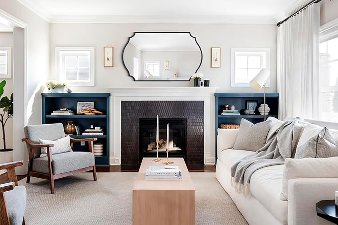 Chende Black Mirrors for Wall Decor, 36'' x 24'' Scalloped Mirror for Bathroom with Metal Frame, Large Wall Decor for Living Room, Entryway, Dining Room