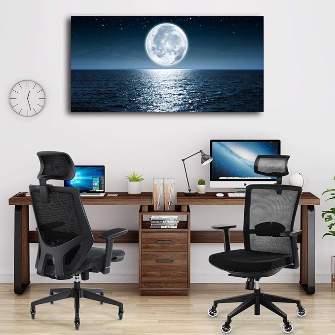 Aibonnly Wall Art Canvas Print Moon Sea Ocean Landscape 1 Panels Full moon Picture Painting Framed and Stretched Ready to Hang for Living Room Bedroom Office Home Decor Artwork 30x60inch
