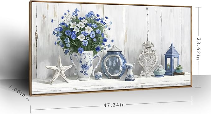 Nicetop Large Framed Artwork for Walls – Coastal Rustic Farmhouse Art Prints Blue and White Floral Canvas Art Vintage Country Shabby Chic Wall Picture for Living Room Bedroom Kitchen Dining 48x24 Inch