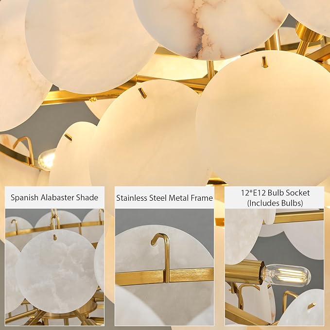 Natural Alabaster Round Chandelier, 31.5" Modern Marble Chandelier with 50 Stone Texture Panels, 12-Light Dimmable Spanish Alabaster Chandeliers for Living Room, Dining Room, Hallway
