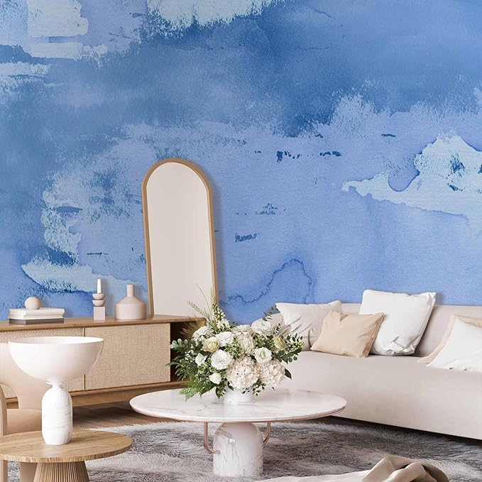 artgeist Wall Mural Concrete 154x110 in - Peel and Stick Self-Adhesive Wallpaper Removable Large Sticker Foil Wall Decor Print Picture Image Design Abstract Faux Stone Paint Stains Blue a-A-10180-a-c