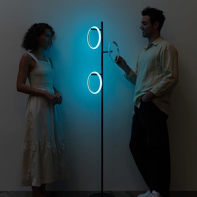 Brightech Saturn Modern Color Changing Floor Lamp - Tall Tree LED Lamp Perfect for Living Room Decor - Beautiful RGB Color Gradient and 3 LED Lights for Bedroom, Office, Reading - Black