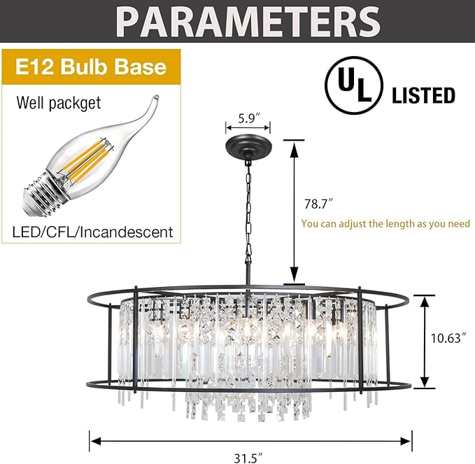 Modern Crystal Chandelier Black Round Lighting Fixture for Dining Room Bedroom Entryway Kitchen Island Living Room