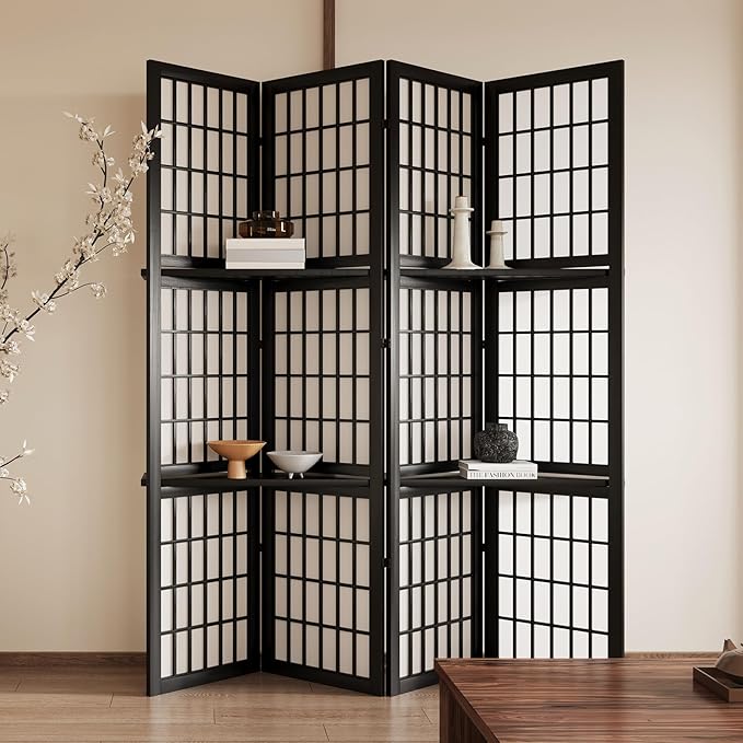 5.6FT Room Divider and Folding Portable Partition Screen, Chinese Japanese Shoji Style with Three Display Shelves for Room Separation - 4 Panel (Black)