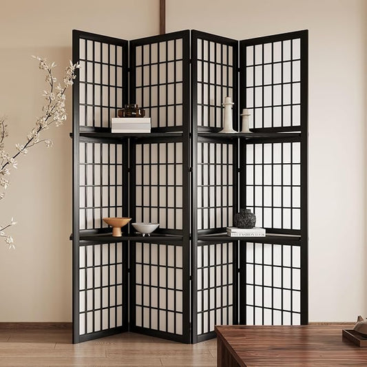 5.6FT Room Divider and Folding Portable Partition Screen, Chinese Japanese Shoji Style with Three Display Shelves for Room Separation - 4 Panel (Black)