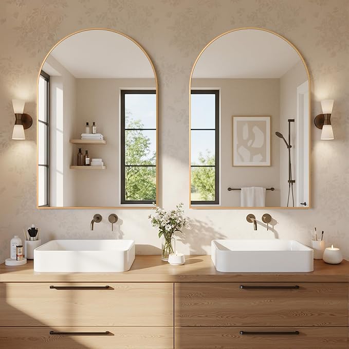 Antok Wall Mirror, 24"x36" Bathroom Vanity Mirror, Anti-Rust HD Tempered Glass, Wall Mounted Mirrors for Living Room, Entryway, Gold Frame, Arched