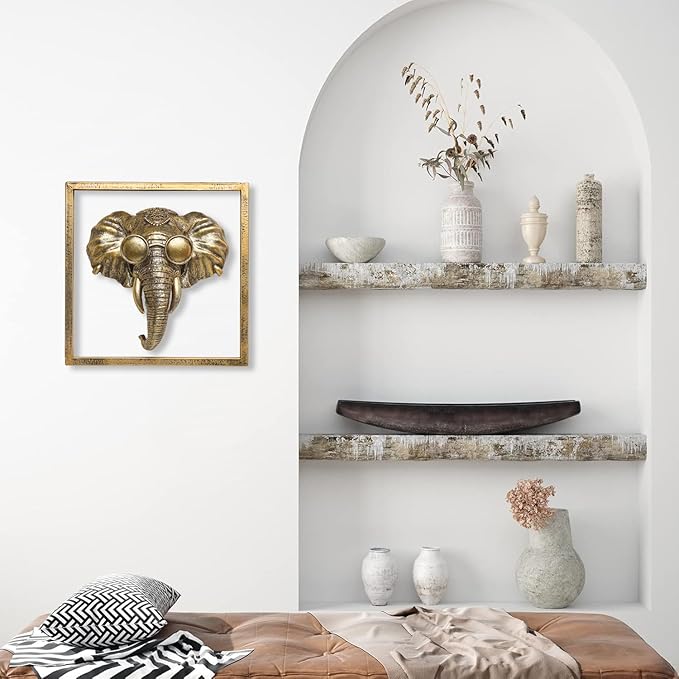 Newinhome Animal Heads Wall Decor (Includes Metal Frame) Resin Animals Sculptures Head Wall Hanging Decoration Gold vintage Wall Sculpture for Living Room Bedroom Office (Elephant)