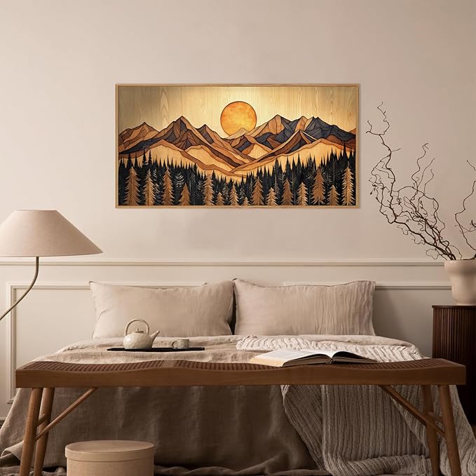 Ausril Woodcut Mountain Pine Tree Framed Canvas Wall Art Set - 20x40 Inch, Vintage Nature Forest Wilderness Landscape Print, Brown Boho Style Painting for Living Room, Bedroom, Office Decor