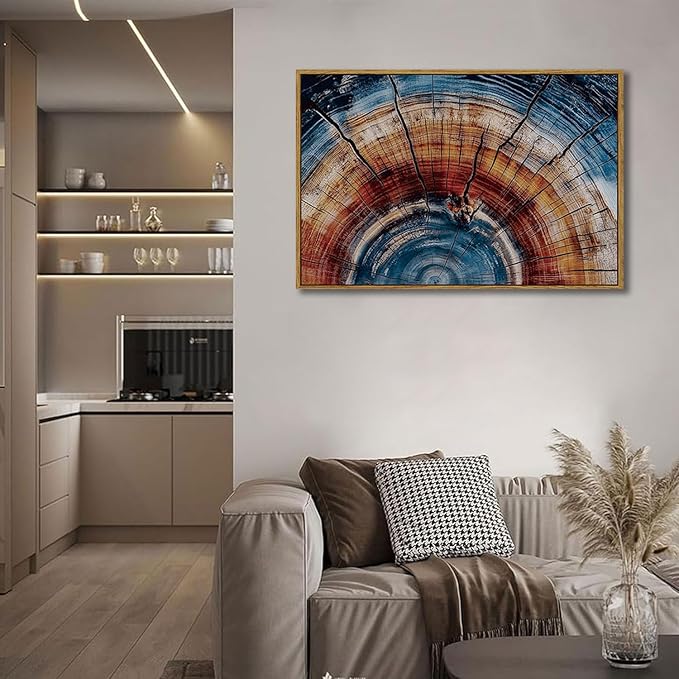 BingruiArt Large Framed Tree Ring Wall Art Wood Canvas Colorful Boho Wall Decor Rustic Artwork Abstract Painting Farmhouse Picture Nature Print for Living Room Bedroom Bathroom 24"x36" Natural Framed(01)
