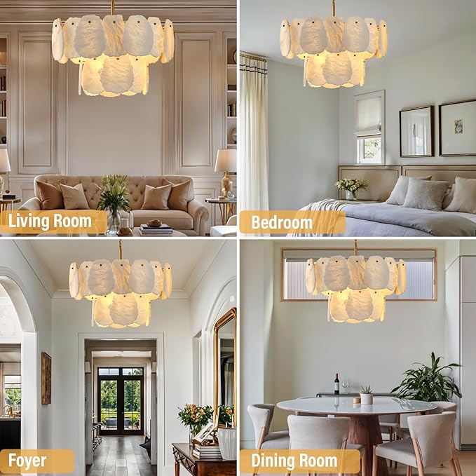 23" Alabaster Round Chandelier, 2-Tiers Natural Brass Alabaster Chandeliers, Luxury Modern White Marble Chandeliers for Living Room, Dining Room, Bedroom, Foyer, Entryway, Bathroom, Kitchen