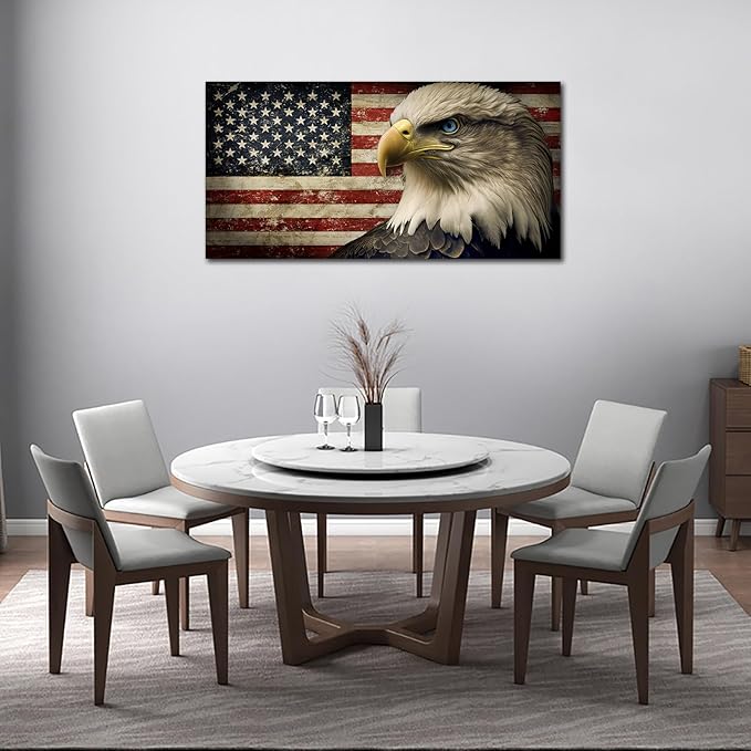 American Flag Canvas Wall Art - Flag of USA with Eagle Pictures for Wall Decor Patriotic Canvas Printing Artwork Vintage Rustic Design for Living Room Home Office Wall Decoration 24" x 48"