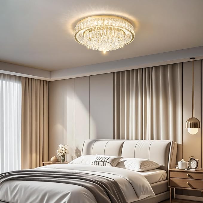 Modern Dimmable Led Crystal Chandelier: Flush Mount Crystals Ceiling Light with Remote - 24" Round Crystal Chandeliers Gold Ceiling Lighting Fixtures for Dining Room Bedroom Living Room Entryway
