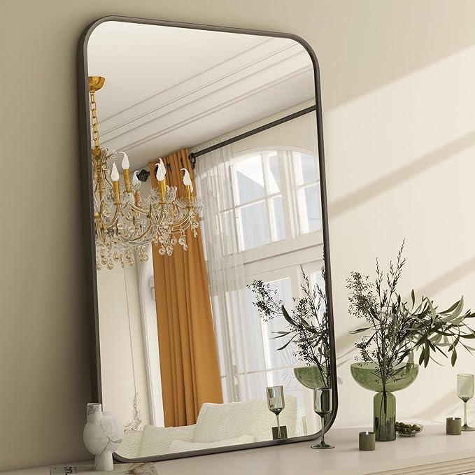 20 x 28 Inch Bathroom Mirror, Rounded Rectangular Vanity Mirror for Wall, Modern Mirror for Room Decor, Black Framed Wall-Mounted Mirrors for Home Decor, Hangs Horizontally or Vertically