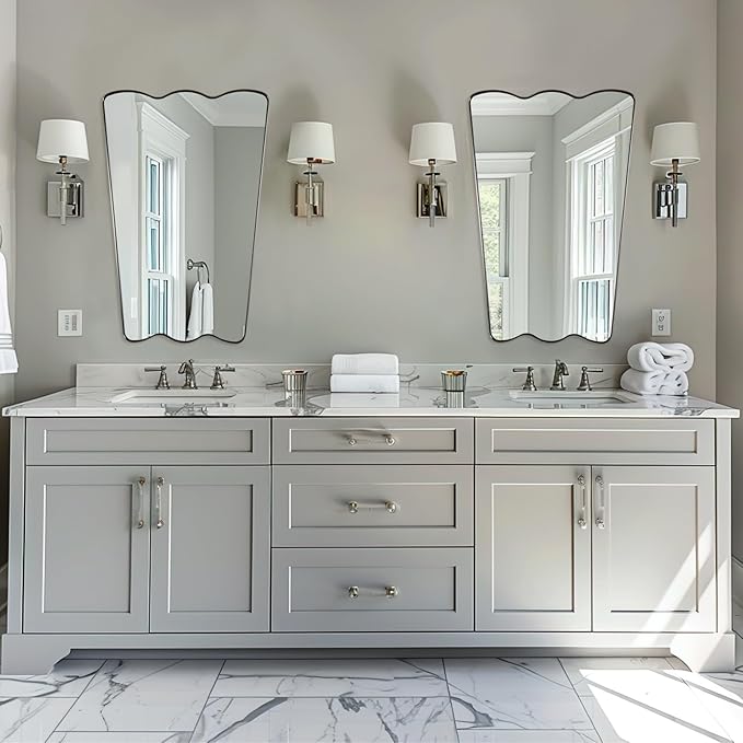 ANDY STAR 24x36 Brushed Nickel Scalloped Bathroom Mirror, Unique Irregular Wall Mirror, Rustproof Stainless Steel Wavy Metal Frame for Contemporary Bathroom Decor