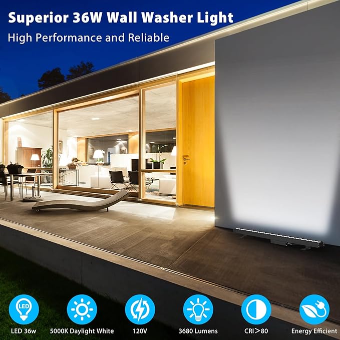 2-Pack 72W LED Wall Wash Lights 5000K Daylight White, 120V IP67 Waterproof Wall Wash Light Outdoor Lighting Bar for Building, Landscape, Commercial – 3.2FT, Black