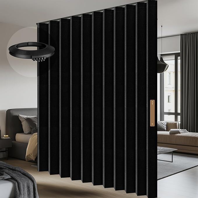 100% Blackout Accordion Room Divider Curtains - with Flexible Ceiling Track Total Privacy Sound Proof Curtains Suitable for Bedroom Patio Sliding Door(Black, W100 x L96, 1 Pack)