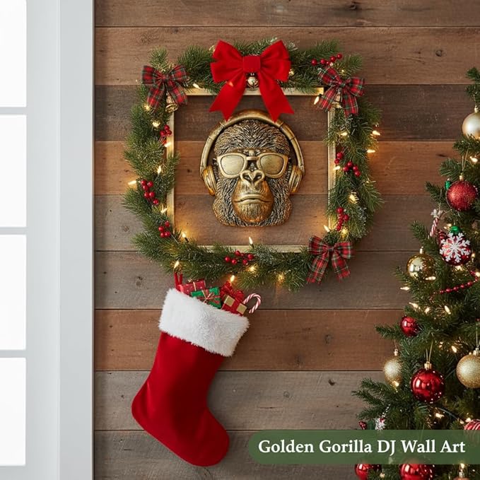 Newinhome Animal Heads Wall Decor (Includes Metal Frame) Resin Animals Sculptures Head Wall Hanging Decoration Gold vintage Wall Sculpture for Living Room Bedroom Office (Gorilla)