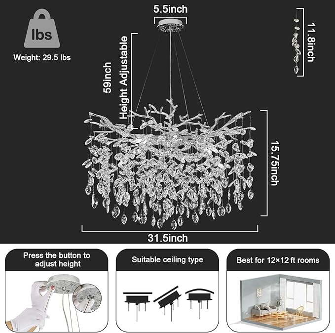 Modern Crystal Chandelier, 31.5" Silver Chandeliers for Dining Room 10 Lights Tree Branch Chandelier Lighting, Round Dining Room Light Fixtures Over Table, Foyer Chandeliers for Entryway