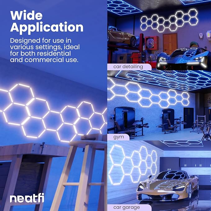 Neatfi LED Hexagon Garage Lights, 9,000 Lumens, 6500K, 90W, Hexagon Lights for Garage, Car Detailing, Auto Shops, Barber Shop, Basements, Warehouses, Beauty Salon, & Gyms (Cool White, 3 Hex)