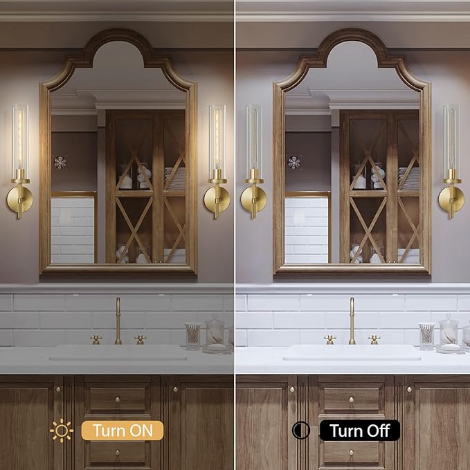 Antique Gold Wall Sconce 19.48" Modern Luxe Wall Lighting with Clear Glass Tube, Living Room Bedroom Bathroom Mirror Sconces, Staircase Decor Hallway Lamp Fixture(Including Bulb)