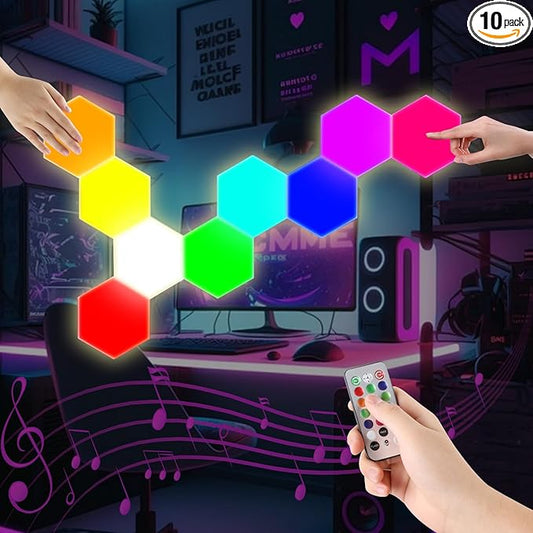 10 Pack Hexagon Light Panels - Smart RGB Hexagon LED Lights Wall Lights Remote Control Lights for Lving Room, Bedrooms, DIY Lovers, Gifts, Gaming Room, Kids