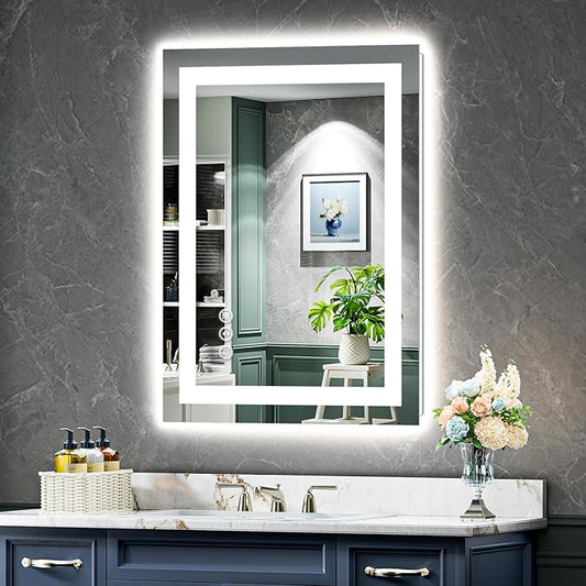 20x28 Inch LED Bathroom Mirror with Lights Front and Backlit Lighted Vanity Mirror for Bathroom Wall with 3 Colors Dimmable Anti-Fog Memory Shatter-Proof IP54 Waterproof Horizontal/Vertical