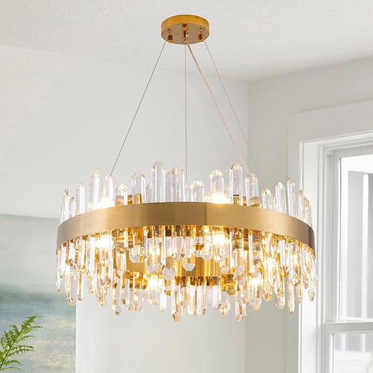 Modern Crystal Chandelier,Luxury Round 2 Tiers K9 Crystal Chandelier, 12-Light Brass Gold Round Flush Mount Ceiling Light Fixture for Dining Room Kitchen Foyer,D 23.6"