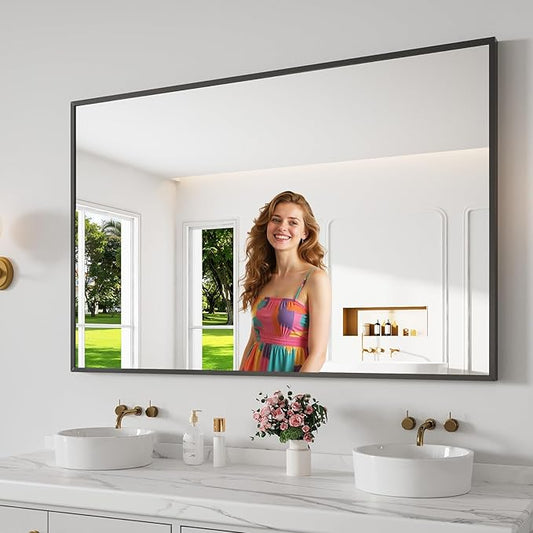 Bathroom Mirror 36x55 Black Bathroom Wall-Mounted Mirrors, Modern Vanity Mirror for Bedroom, Living Room, Aluminum Alloy Frame Allow to Hang Horizontally or Vertically