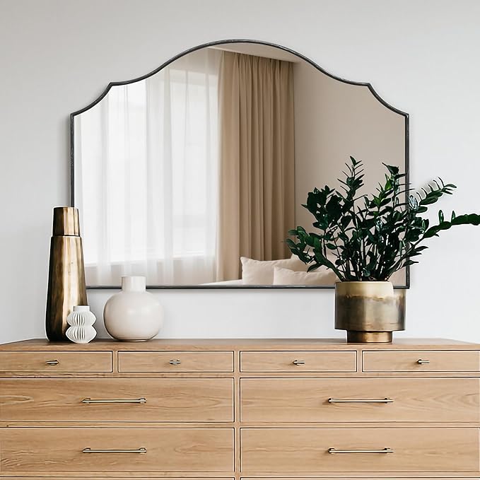 Black Scalloped Wall Mirror: 40"x29" Large Modern Minimalist Vanity Arched Mirror for Home Decor/Living Room/Bedroom/Fireplace/Mantle/Entryway