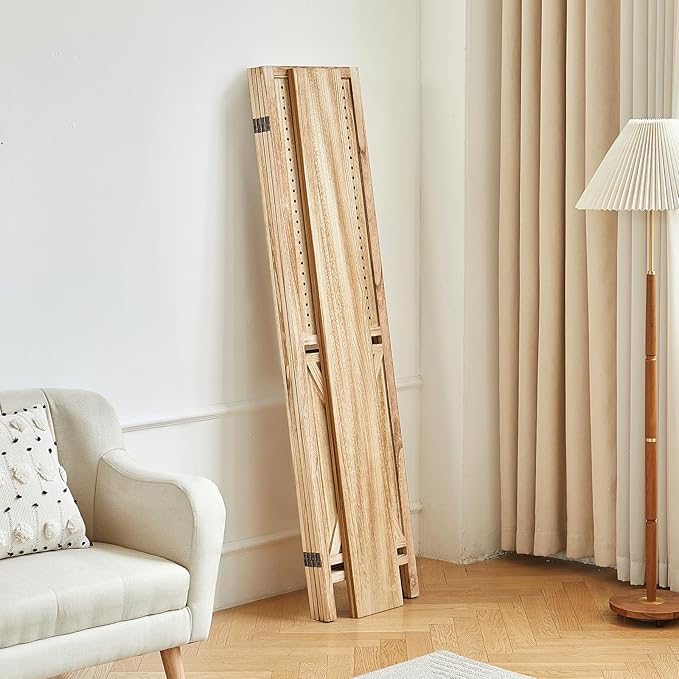 4 Panel Pegboard Room Divider with Shelves, Wood Room Divider and Folding Privacy Screen, Peg Board Display Stand Wall Divider for Room Separation for Craft Shows Events Retail, Natural