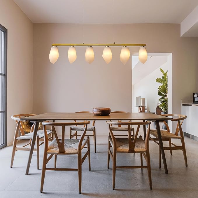 Alabaster Chandelier, 39" 6-Light Linear Chandelier with Bulb, Rectangular Chandeliers for Dining Room, Large Chandeliers for Kitchen Over Table, Island Lights Pendant Light Fixtures