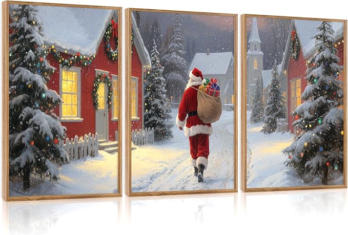 Aurlan Santa Claus is Coming to Town Framed Wall Art(12"x16"), 3PCS Vintage Christmas Winter Holiday Canvas Artwork, Large Xmas Snow Forest Cabin Cottagecore Decor for Home Office Bedroom