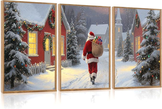 Aurlan Santa Claus is Coming to Town Framed Wall Art(16"x24"), 3PCS Vintage Christmas Winter Holiday Canvas Artwork, Large Xmas Snow Forest Cabin Cottagecore Decor for Home Office Bedroom