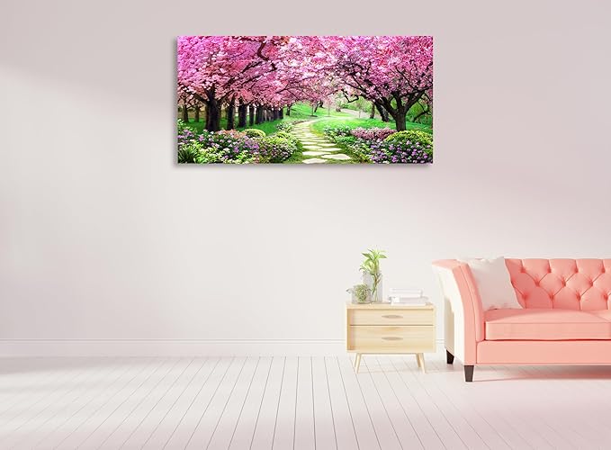 Aibonnly Canvas Wall Art Painting Pink Cherry Blossoms 1 Piece Park Tree Forest Wallpaper Spring landscape Picture Poster Print Framed and Stretched Ready to Hang for Living Room Bedroom Artwork