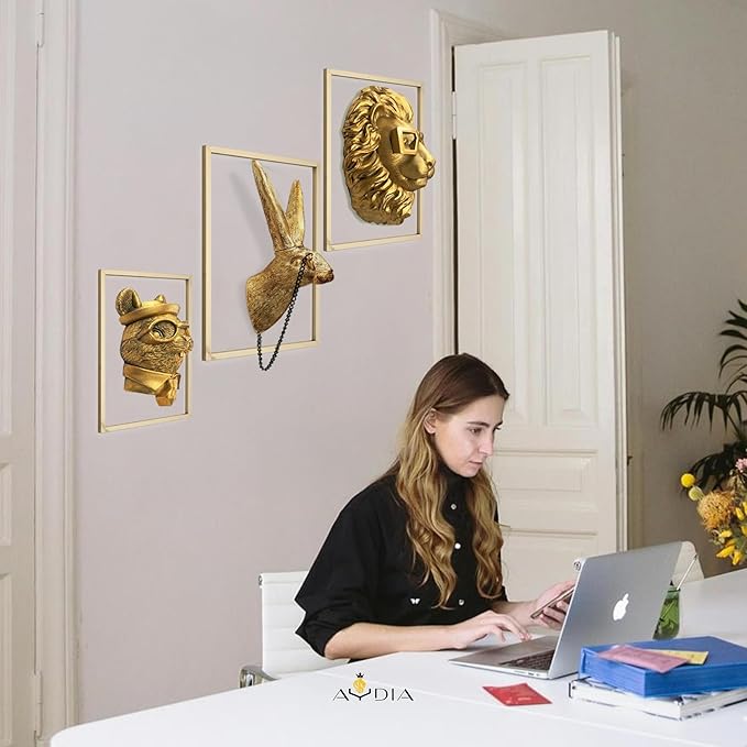 AYDIA Vintage Gold Animal Head Wall Decor, Faux Rabbit Head, Rabbit with Glasses, Vintage Wall Decor, 3D Sculpture, Gift Ready, Home Decor Art for Living Room, Office, Bedroom.