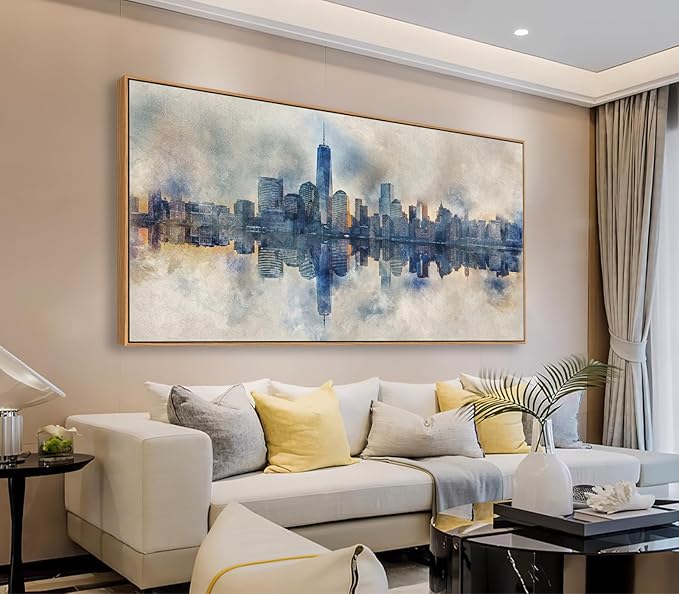 arteWOODS Framed Canvas Wall Art - Abstract New York City Painting Wall Decor Indigo Blue Gray Panoramic Art Print Skyline Reflection Pictures Artwork City Landscape Living Room Bedroom 29" x 58"