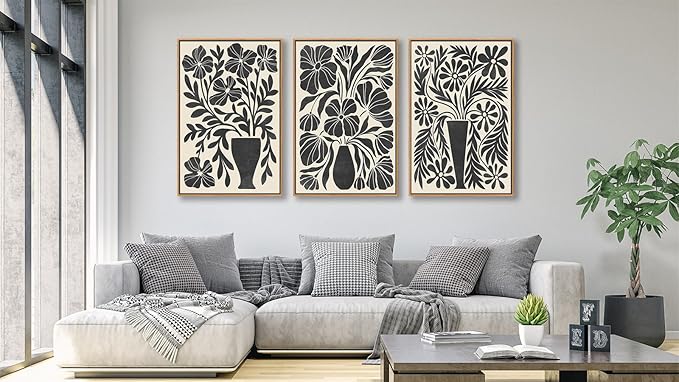 arteWOODS Botanical Framed Wall Art - Neutral Abstract Pictures Vintage Boho Floral Wall Decor Black Beige Minimalist Prints Aesthetic Vase Flowers Painting Artwork 16" x 24" Set of 3 Natural Framed