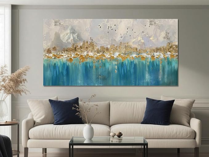Arjun Abstract Canvas Wall Art for Mens Room, Gold Mountain Hand Painted Textured Extra Large Bedroom Painting Artwork Framed Home Office Wall Decor, 58"x29"